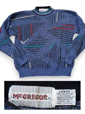 Vintage MCGREGOR Mens Abstract Sweater Pullover Crew Neck Blue Sz L 80's